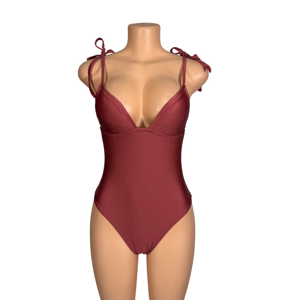 Shade & Shore Womens Burgundy Shimmer Tie Shoulder V-Neck One Piece Swimsuit S‎